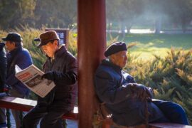 Seniors spending their Sunday at the gardens in the Temple of Heaven park in Beijing, China.