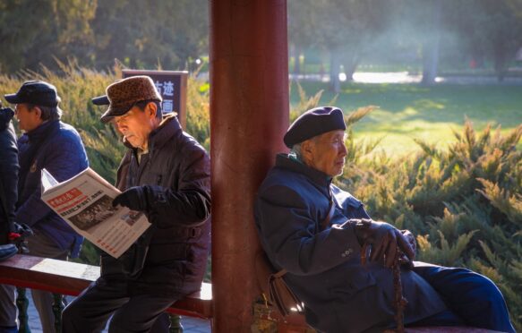 Seniors spending their Sunday at the gardens in the Temple of Heaven park in Beijing, China.