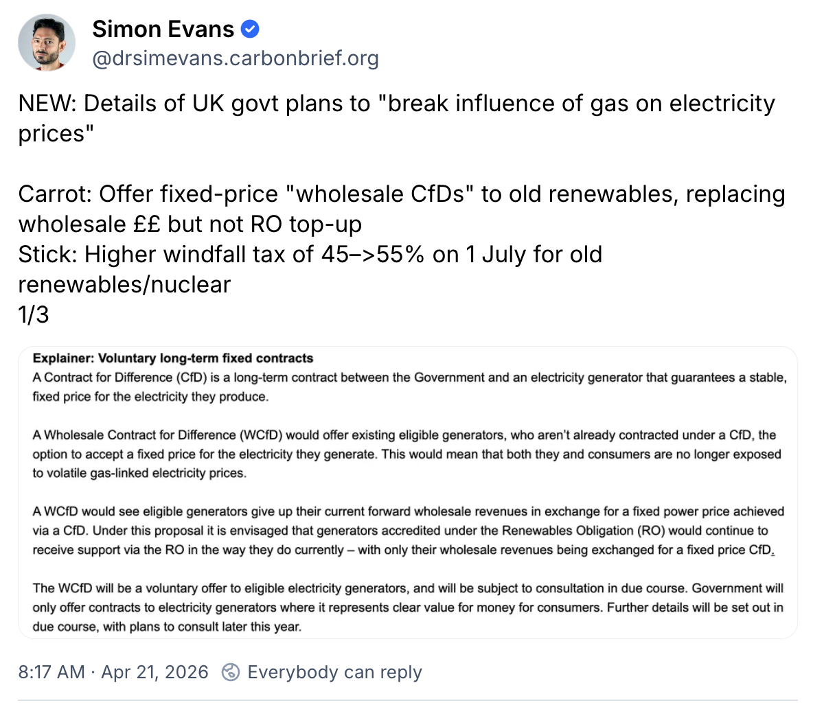 Simon Evans on Bluesky: Details of UK govt plans to break influence of gas on electricity prices