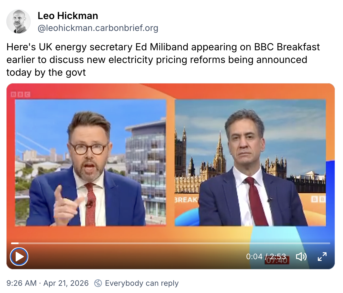 Leo Hickman on Bluesky: UK energy secretary Ed Miliband appearing on BBC Breakfast 