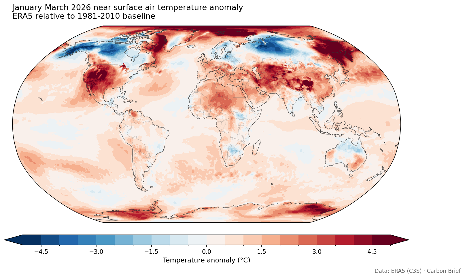 Map showing global surface temperature anomalies