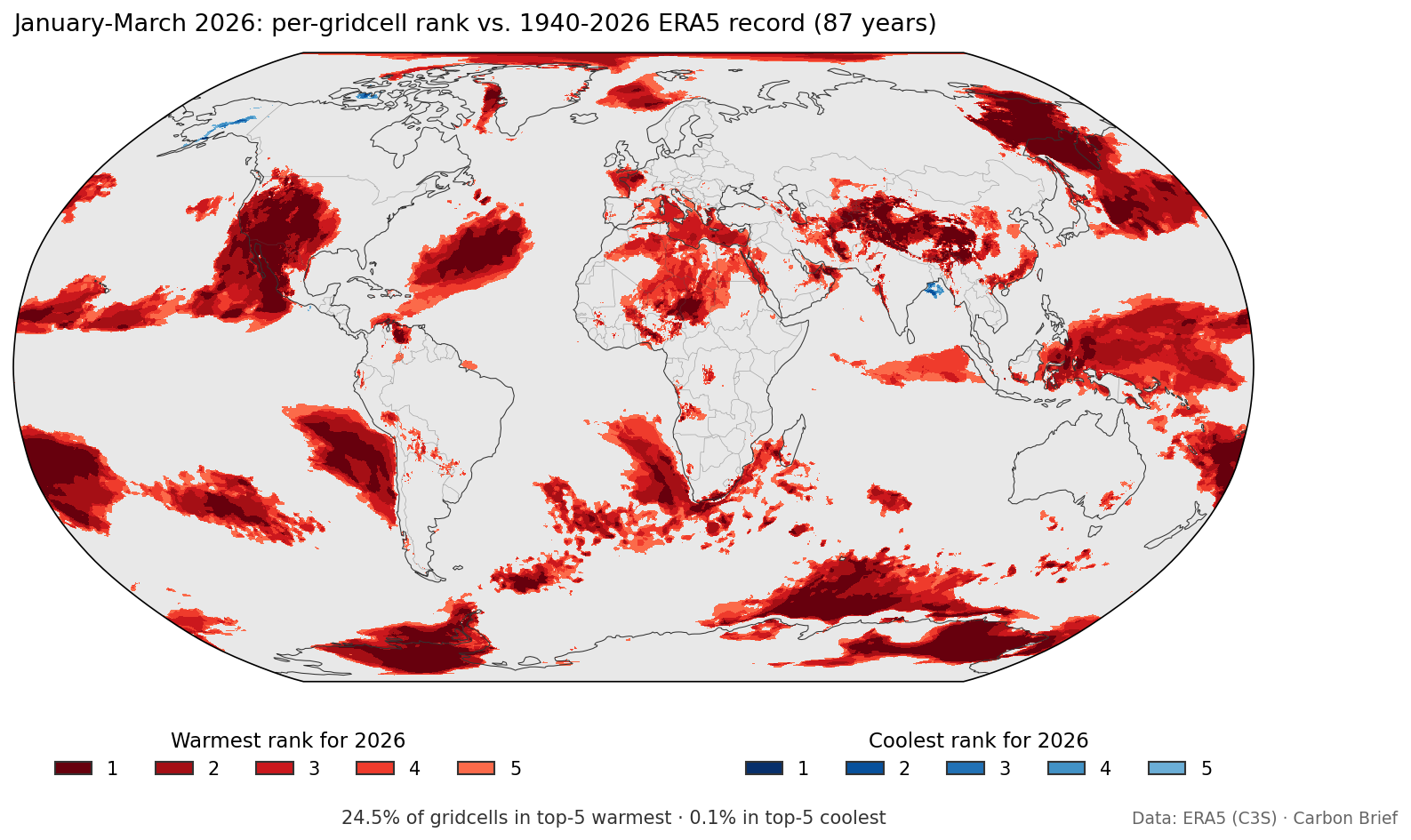 Map showing global temperature records