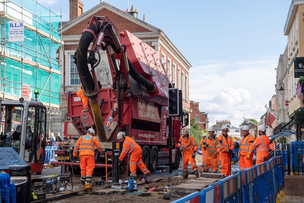 Thames Water personnel fixing a burst water main near Windsor Castle. 