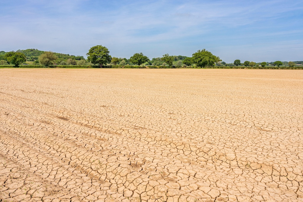 Dry and cracked soil in a field in rural Worcestershire, during dry weather.
