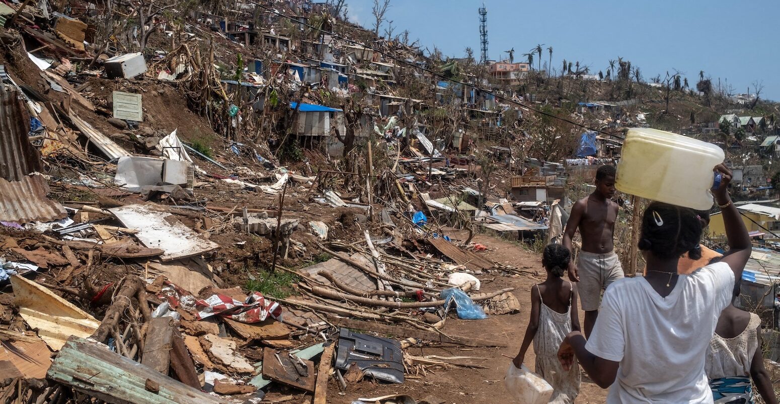 Damaged homes caused by cyclone Chido, Mayotte.