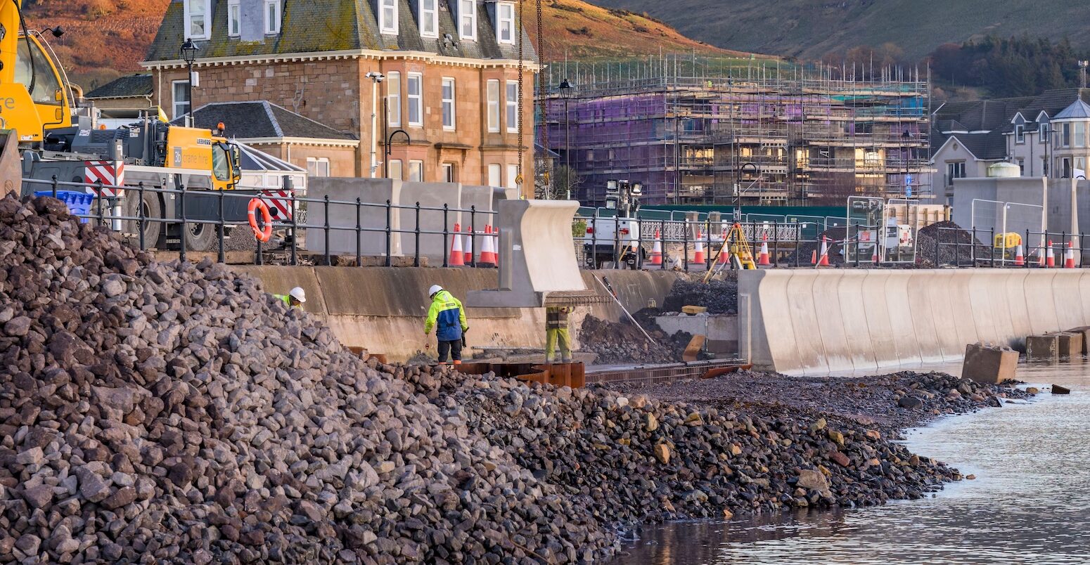 Firth of Clyde seawall repair using precast concrete sections on Largs Promenade, Ayrshire, Scotland UK.