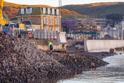 Firth of Clyde seawall repair using precast concrete sections on Largs Promenade, Ayrshire, Scotland UK.