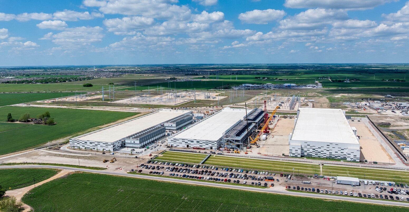 Aerial view of an AI data center campus in Hutto, Texas.