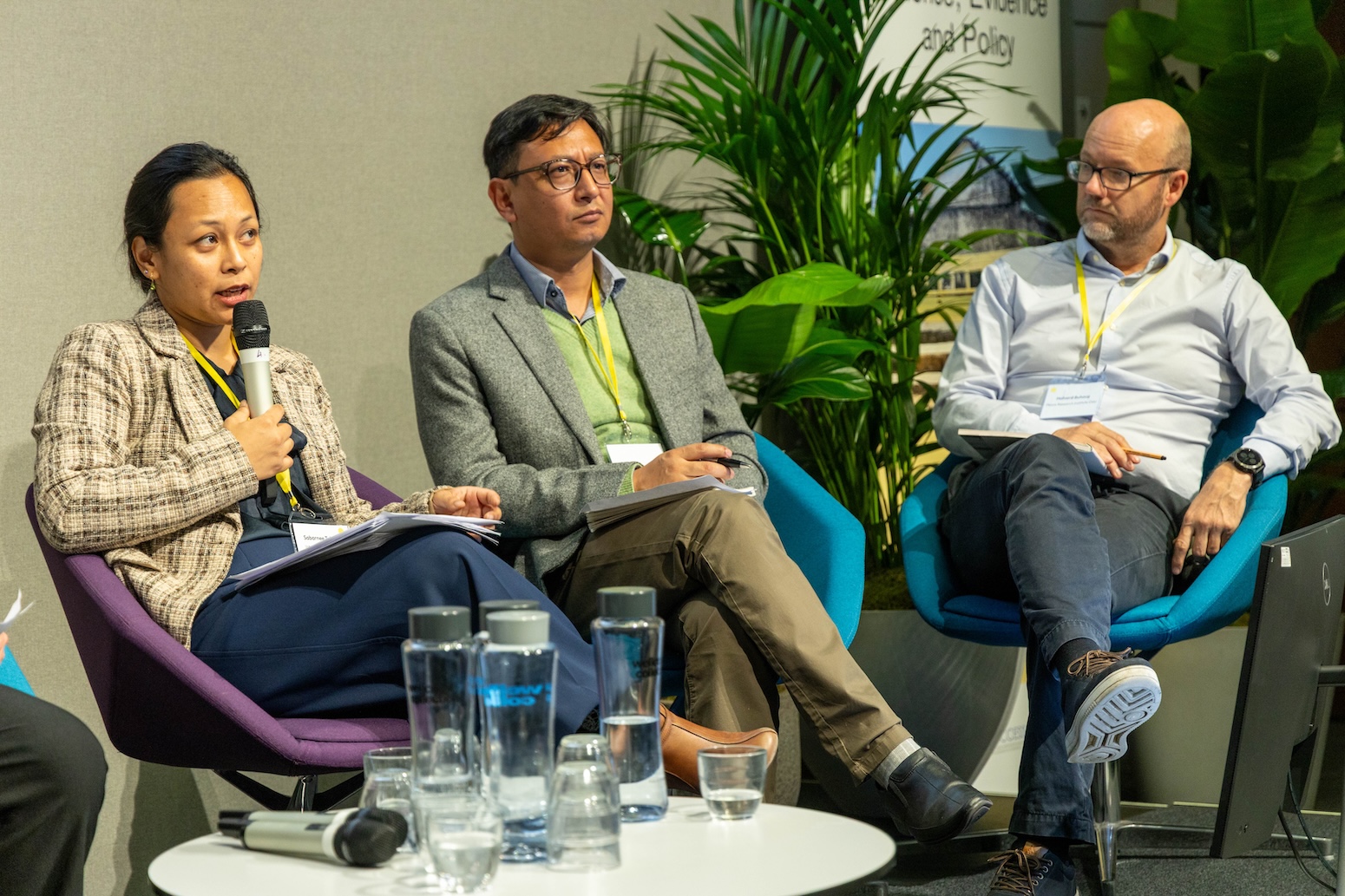 Dr Binaya Pasakhala and Dr Sabarnee Tuladhar from the International Centre for Integrated Mountain Development and Halvard Buhaug Peace Research Institute Oslo answering questions in a panel discussion.