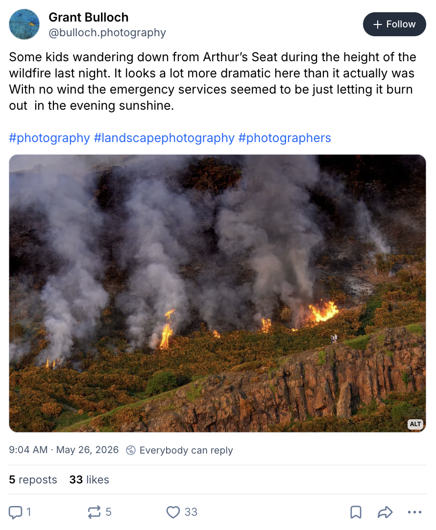 Grant Bulloch on BlueSky (@bulloch.photography): "Some kids wandering down from Arthur’s Seat during the height of the wildfire last night. It looks a lot more dramatic here than it actually was With no wind the emergency services seemed to be just letting it burn out in the evening sunshine. #photography #landscapephotography #photographers"