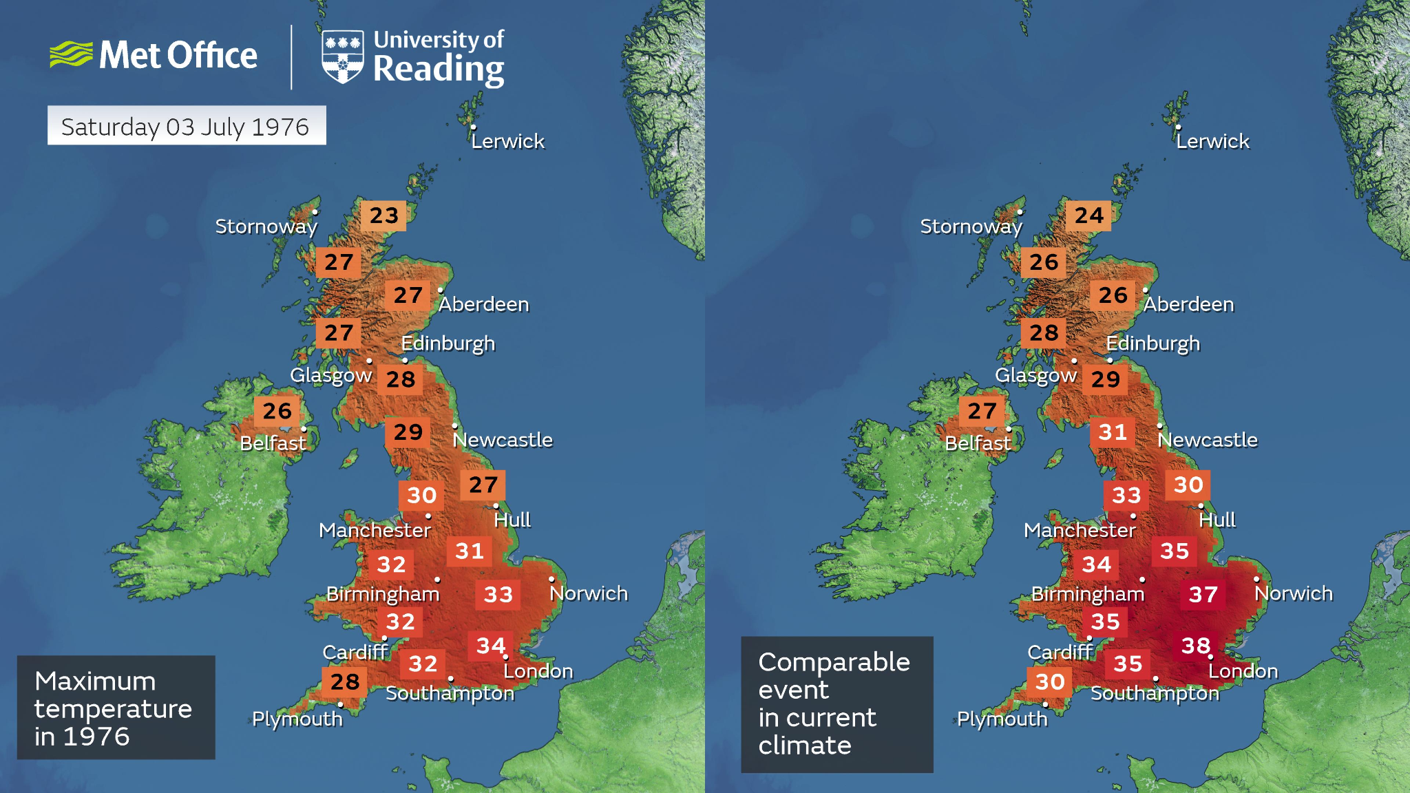 Maps showing UK maximum daily temperatures on 3 July 1976 (left) and for a comparable heatwave in today’s climate (right). Credit: Met Office and University of Reading