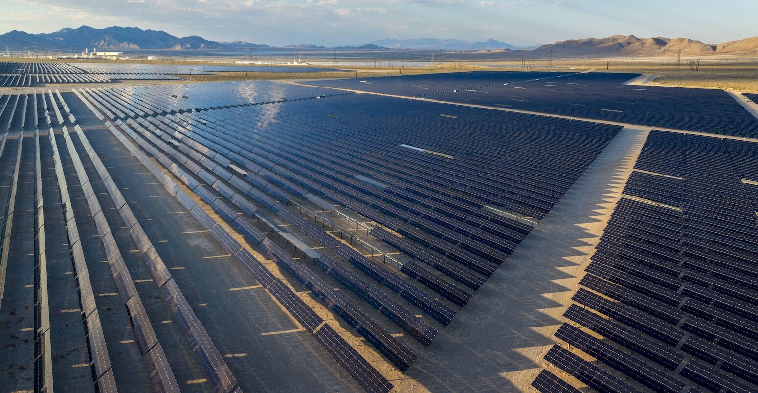 Aerial view of a solar farm, Nevada, United States.