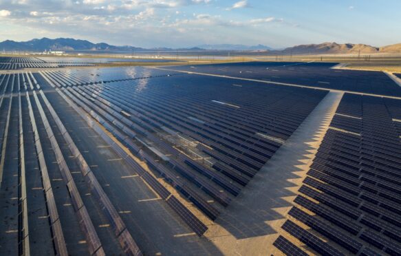 Aerial view of a solar farm, Nevada, United States.