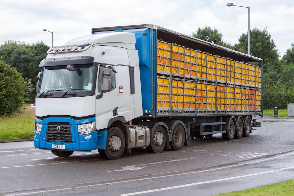 Lorry transporting caged live chickens in Lancashire, UK in 2016.