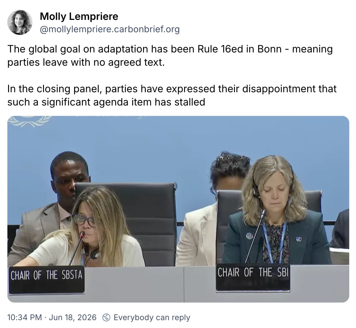 Molly Lempriere on Bluesky: The global goal on adaptation has been Rule 16ed in Bonn