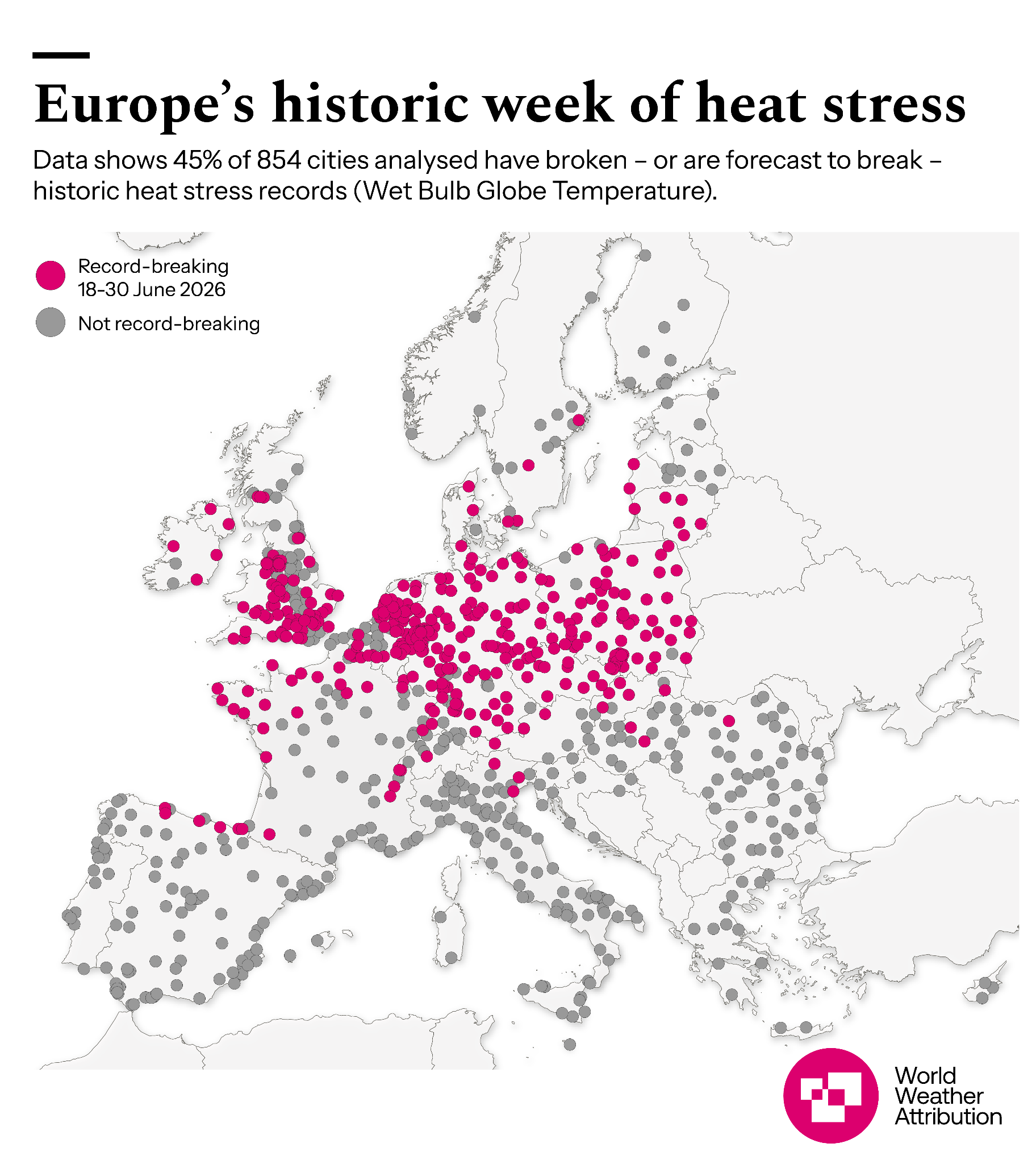 Map of Europe showing its 'historic week of heat stress'