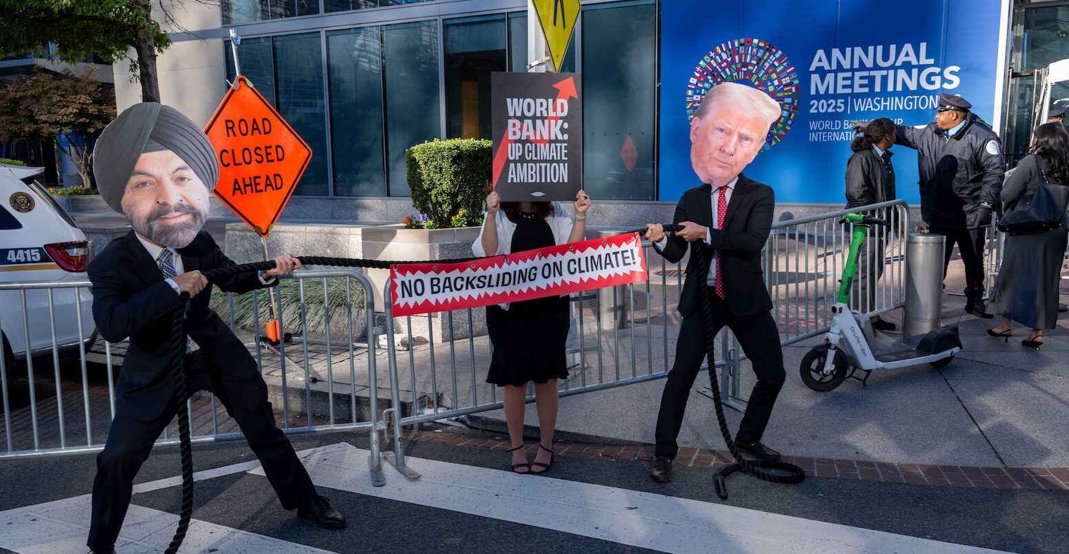 Global climate and development activists stage a vivid "Tug-of-War for the Planet," between World Bank President Ajay Banga and U.S. President Donald Trump.