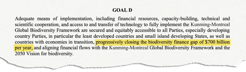 Goal D of the Global Biodiversity Framework refers to a $700bn biodiversity finance gap. Credit: UN CBD (2022)