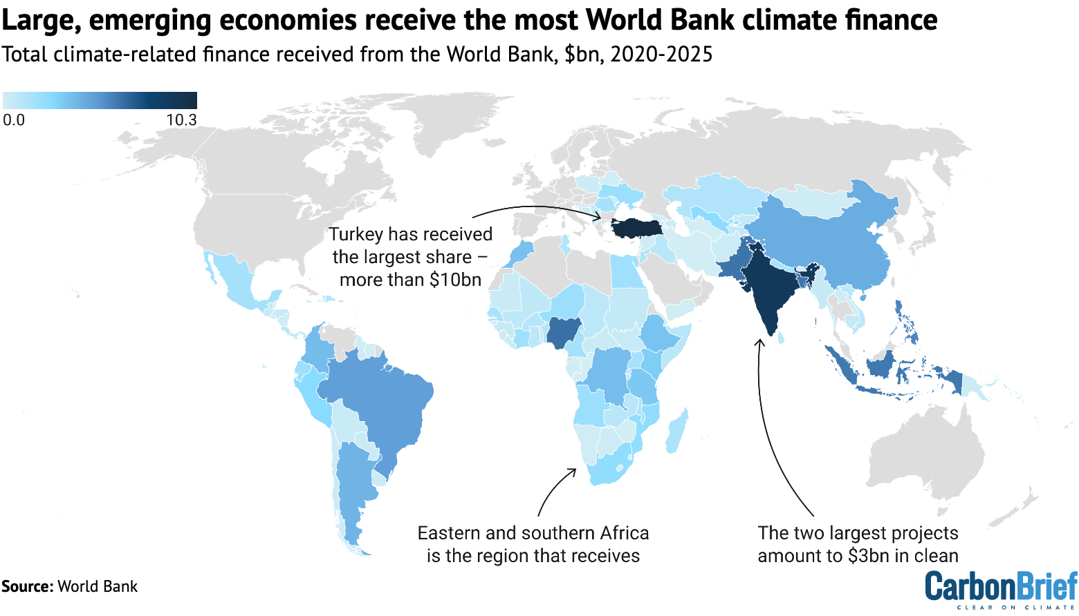 Map of the world showing that large, emerging economies receive the most World Bank climate finance
