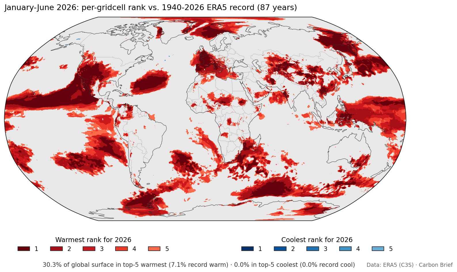 Global map showing January-June 2026 per-gridcell ranks in ERA5.