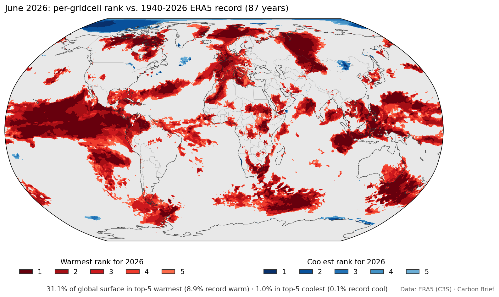 Global map showing June 2026 per-gridcell ranks in ERA5.