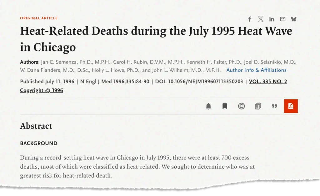Image showing an academic article titled "Heat-Related Death during the July 1995 Heat Wave in Chicago"