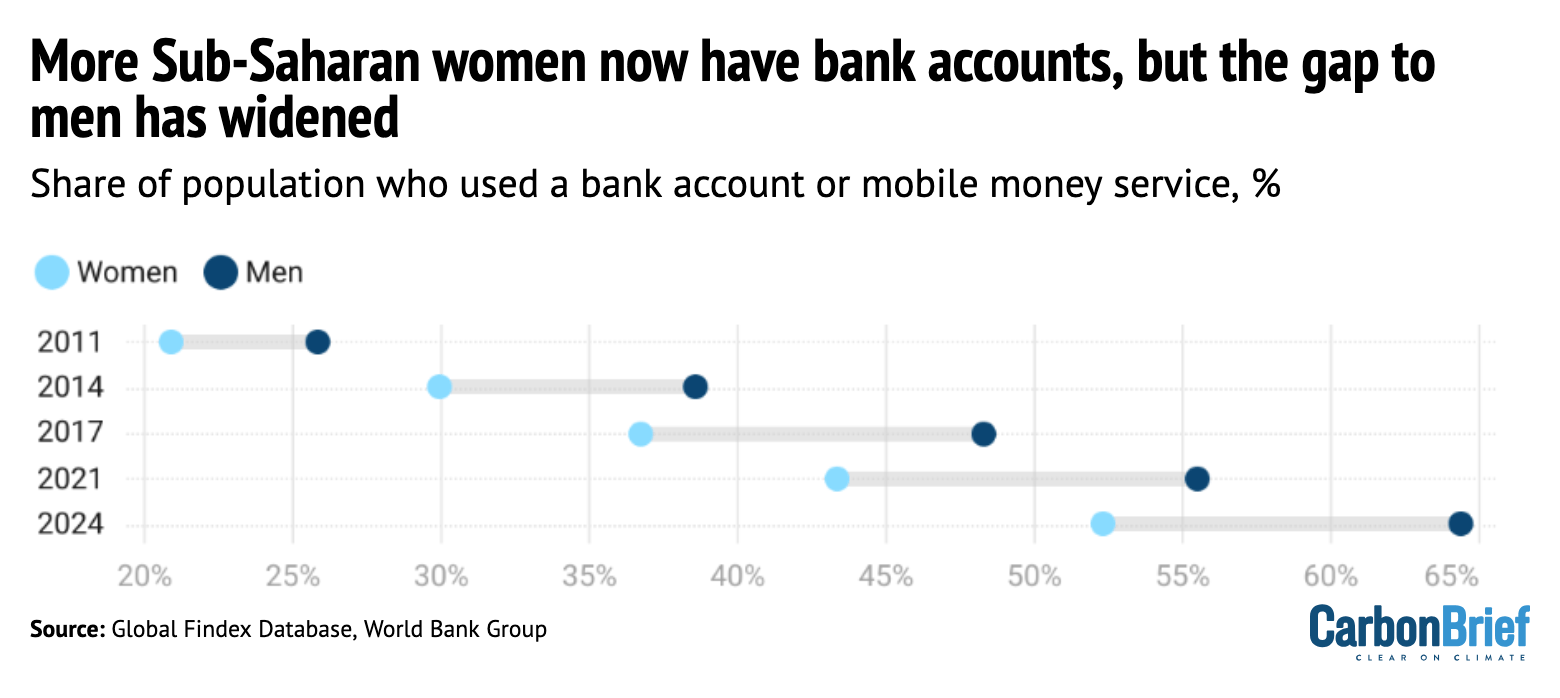 Chart showing that more sub-Saharan women now have bank accounts, but the gap to men has widened from 2011-2024