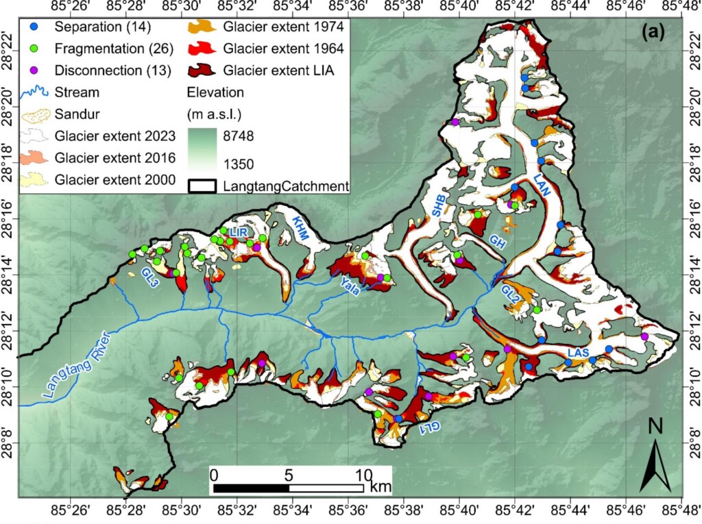 Glacier loss in the Langtang catchment over 1964-2023.