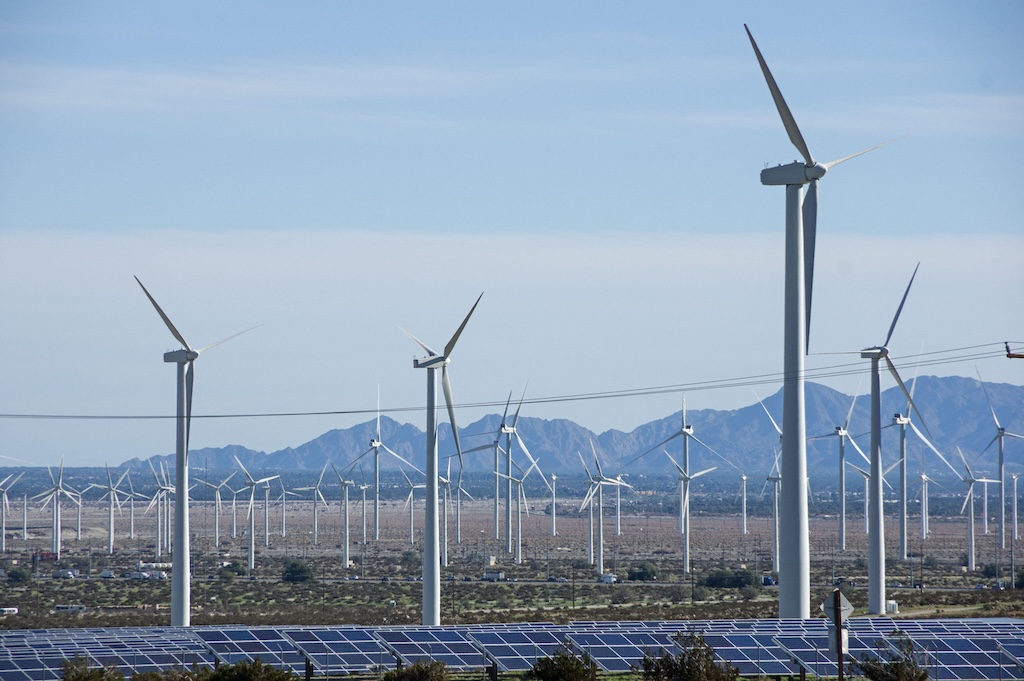 Wind turbines and solar panels in California.