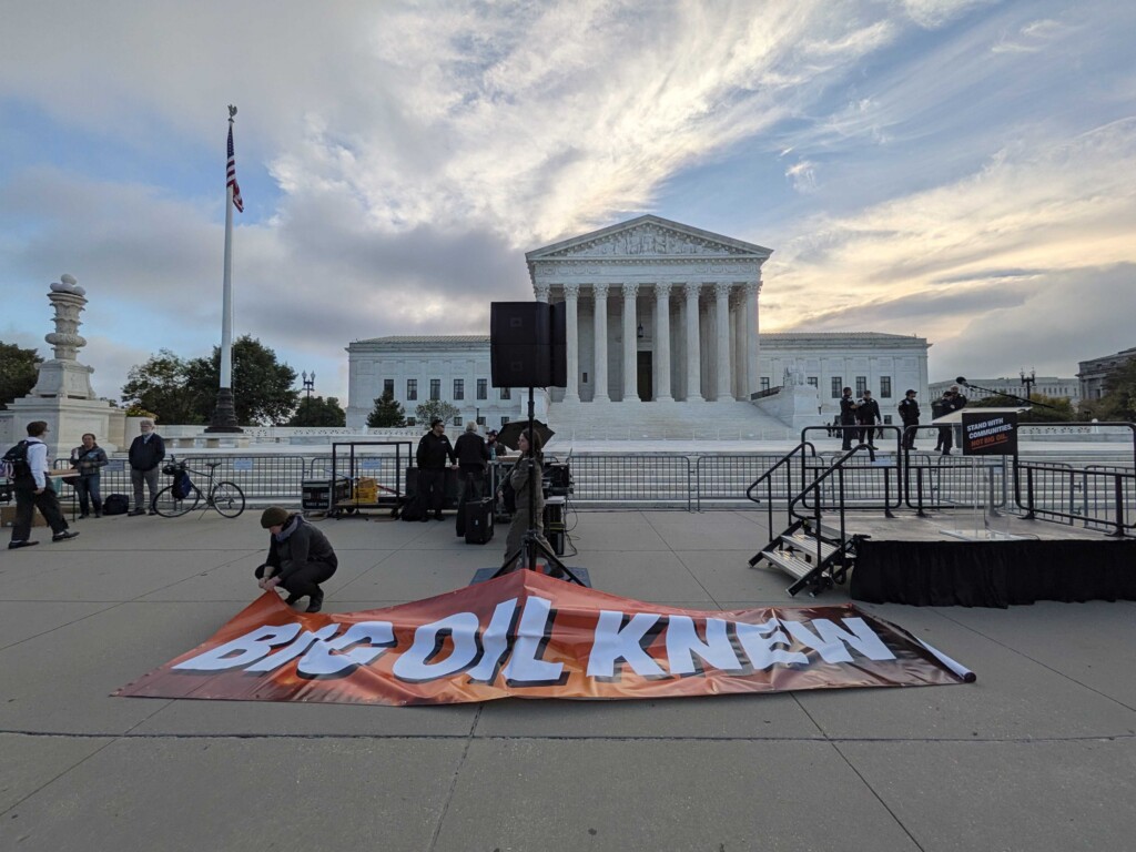 Activists prepare for a rally ahead of oral arguments at the US supreme court on 5 October. Credit: Giuliana Viglione