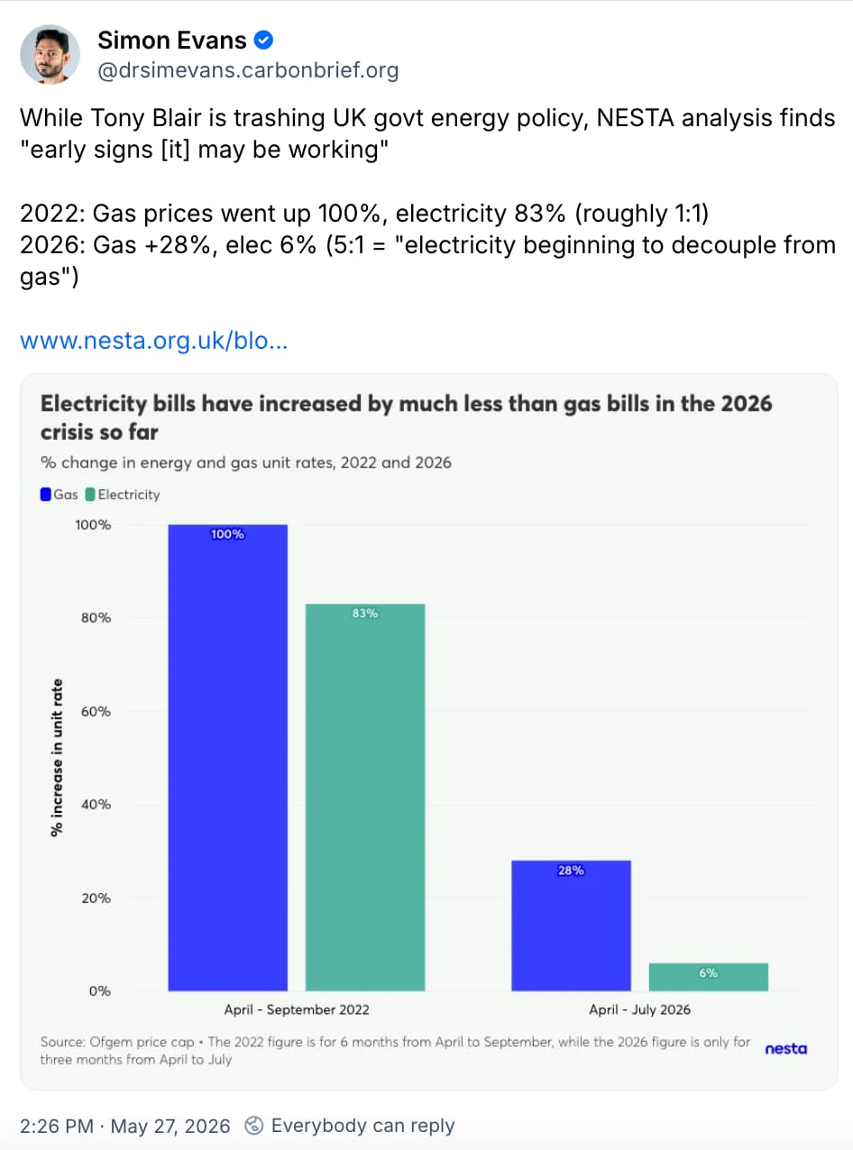 Simon Evans on Bluesky: While Tony Blair is trashing UK govt energy policy