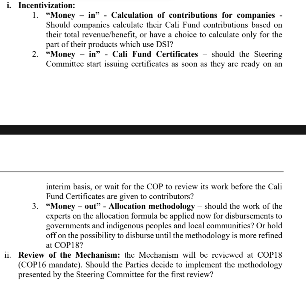 Extract from a letter issued by the COP17 president on 28 October listing key issues for ministers to resolve on DSI. Credit: COP17 Presidency.