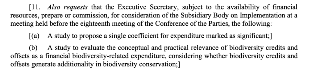 Peru’s call for an amendment to scrutinise biodiversity offsets in the resource mobilisation decision at COP17. The text says: "[11. Also requests that the Executive Secretary, subject to the availability of financial resources, prepare or commission, for consideration of the Subsidiary Body on Implementation at a meeting held before the eighteenth meeting of the Conference of the Parties, the following: [(a) A study to propose a single coefficient for expenditure marked as significant;] (b) A study to evaluate the conceptual and practical relevance of biodiversity credits and offsets as a financial biodiversity-related expenditure, considering whether biodiversity credits and offsets generate additionality in biodiversity conservation;]"