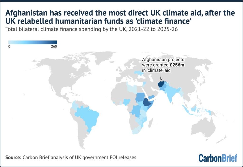 Map of the world titled "Afghanistan has received the most direct UK climate aid, after the UK relabelled humanitarian funds as 'climate finance'"