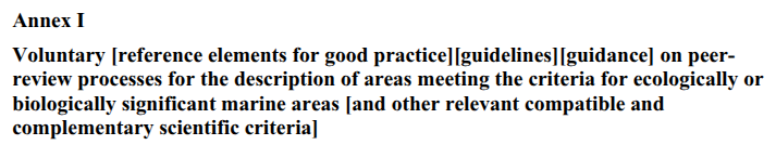 Annex I from the marine and coastal biodiversity text released on 25 October. The text says: "Annex I Voluntary [reference elements for good practice][guidelines][guidance] on peerreview processes for the description of areas meeting the criteria for ecologically or biologically significant marine areas [and other relevant compatible and complementary scientific criteria]"